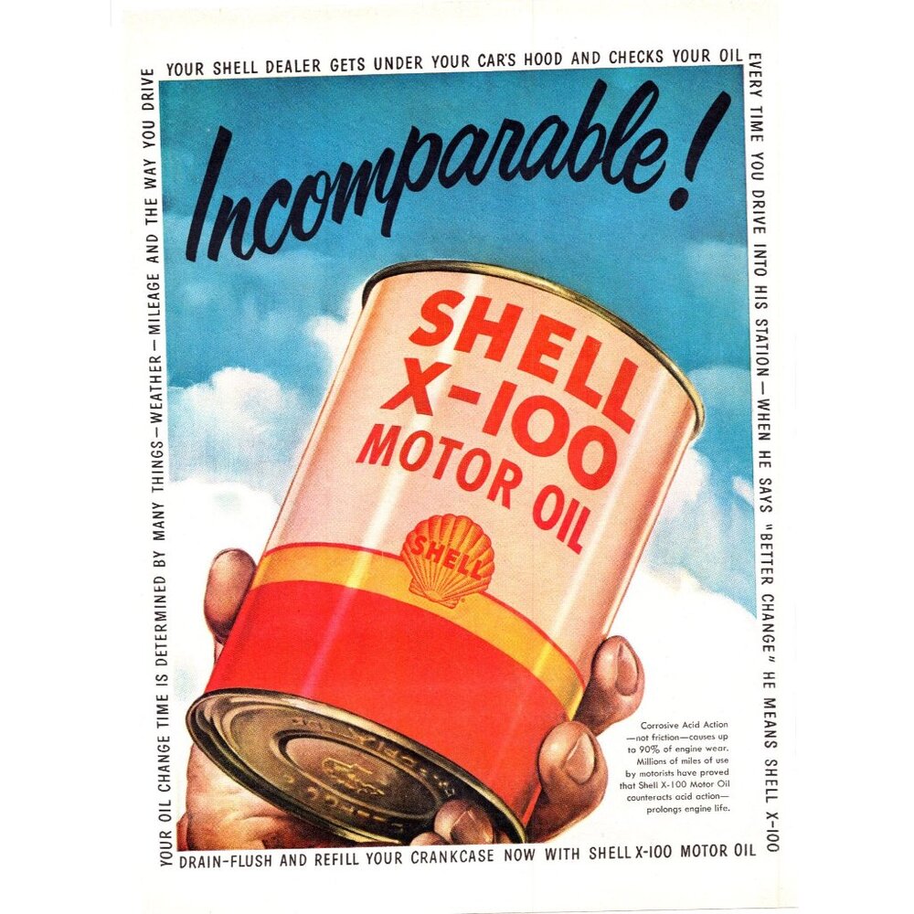 1950 Shell X-100 Motor Oil Can Vintage Print Ad Mechanic Hand 50s Wall Art